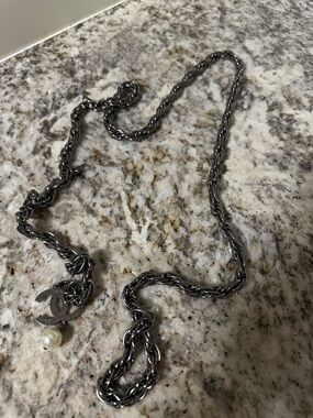 Chanel-Gunmetal Pearl Pendant Necklace